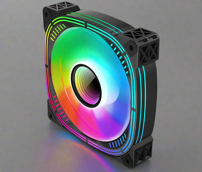 120mm ARGB case fan with multicolor RGB lighting
Side view of black frame 120mm ARGB fan
Fan with vivid RGB lights powered on
Rear connector side of 6-pin ARGB PC fan