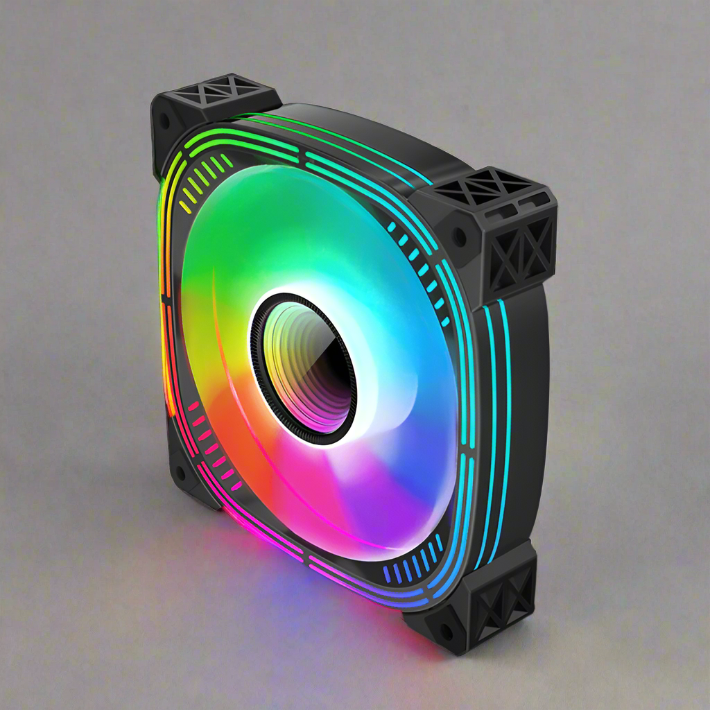 120mm ARGB case fan with multicolor RGB lighting
Side view of black frame 120mm ARGB fan
Fan with vivid RGB lights powered on
Rear connector side of 6-pin ARGB PC fan
