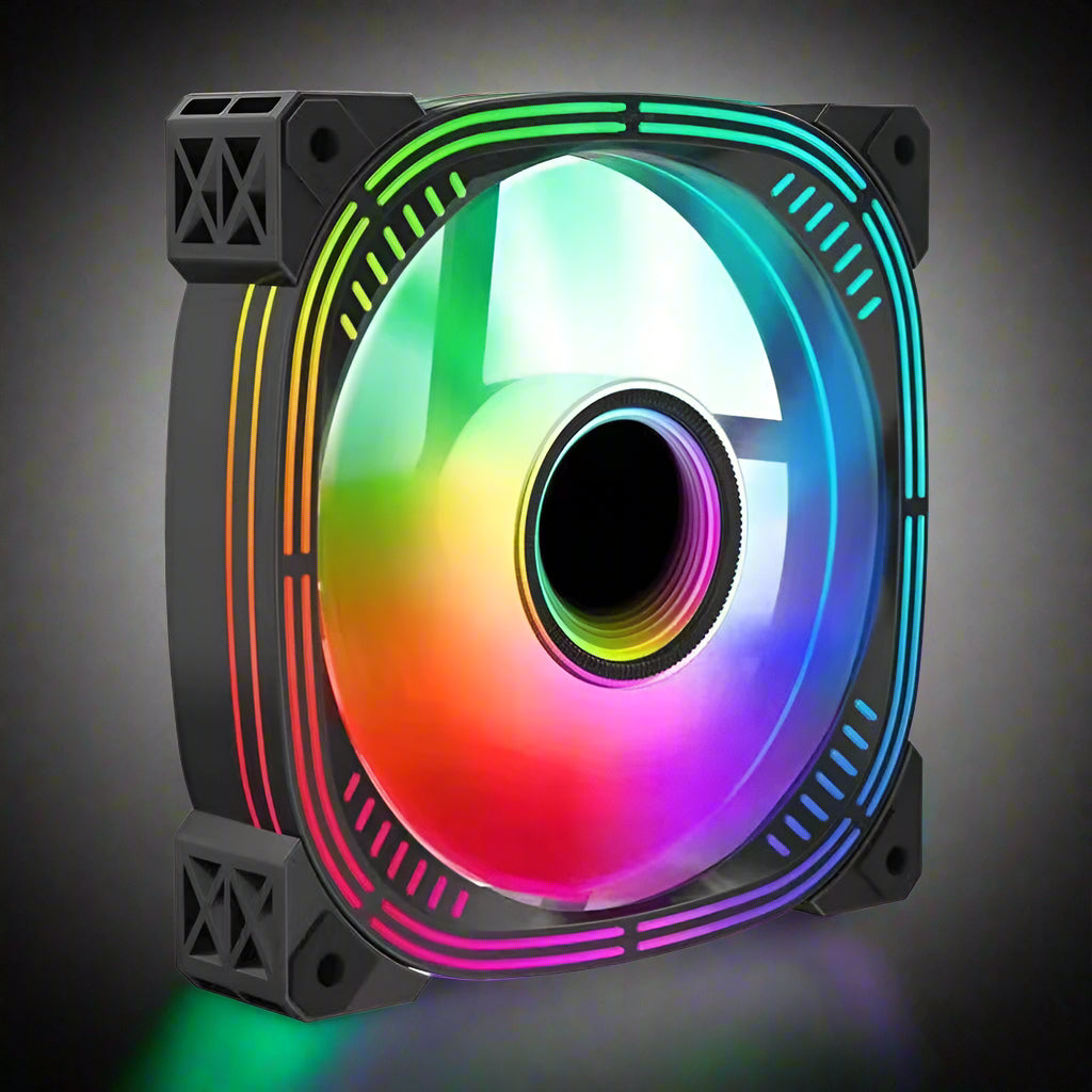 120mm ARGB case fan with multicolor RGB lighting
Side view of black frame 120mm ARGB fan
Fan with vivid RGB lights powered on
Rear connector side of 6-pin ARGB PC fan