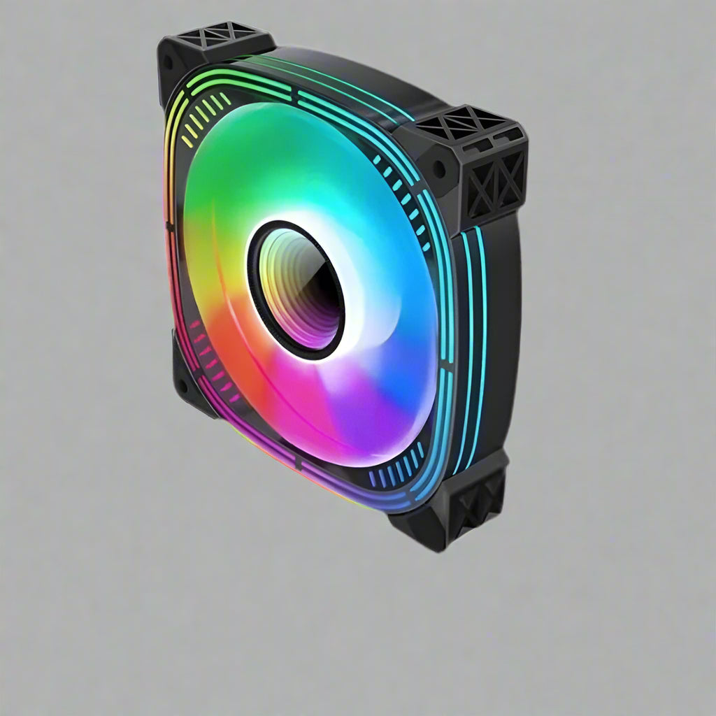 120mm ARGB case fan with multicolor RGB lighting
Side view of black frame 120mm ARGB fan
Fan with vivid RGB lights powered on
Rear connector side of 6-pin ARGB PC fan