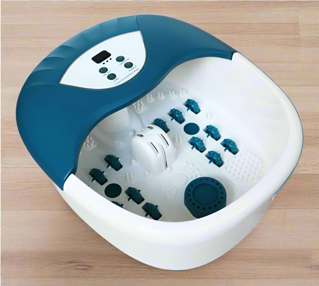 5-in-1 foot spa bath massager with digital controls and bubbles
Heated foot soak tub with removable massage rollers and splash guard
Acupressure rollers in foot spa for pain relief
Foot bath with bubbles, vibration and heating display
Foot spa for home use with heat and massage therapy