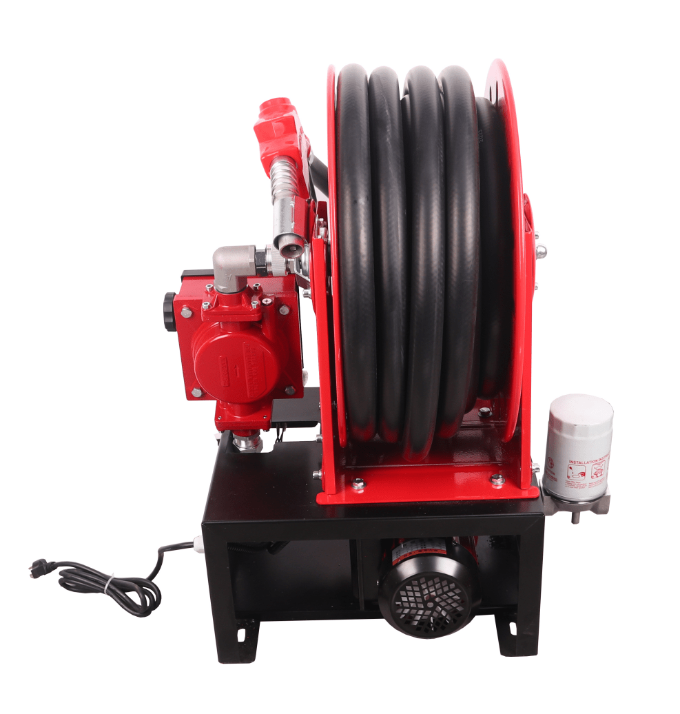 12V & 110V Diesel Fuel Transfer Pump with 50 FT Auto - Retractable Hose Reel - Auto - Retractable Fuel Transfer Hose Reel with 12 VOLT | Sold by Uncle Wiener's Wholesale