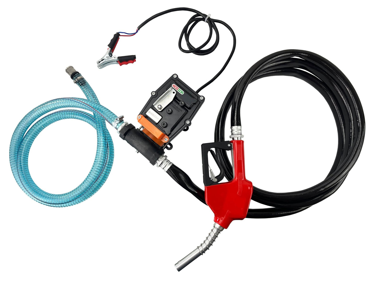 12V 15 GPM Fuel Transfer Pump with Auto Nozzle, Hoses &amp; 1" NPT Fittings for Diesel, Gasoline &amp; Kerosene DCEX60A - with | Sold by Uncle Wiener's Wholesale