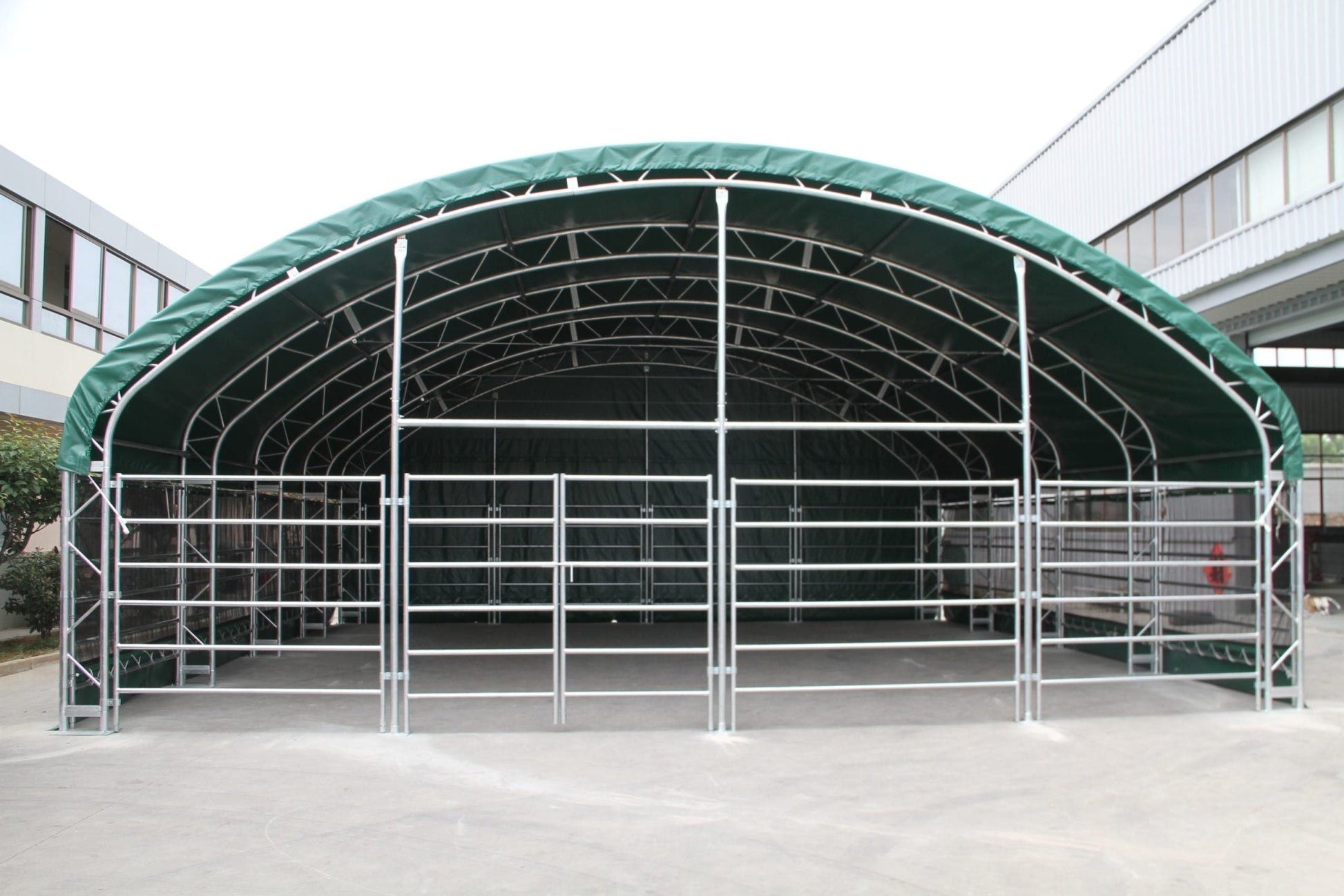 13, 26 32 ft & 40 ft Livestock Corral Shelter – 17oz Green PVC Cover, 6 - Bar Panels & 5' Swing Gate - with 40 FT | Sold by Uncle Wiener's Wholesale