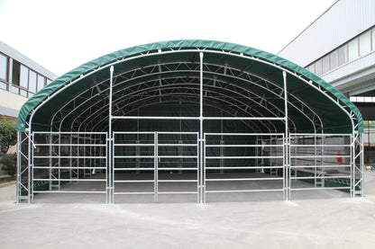 13, 26 32 ft & 40 ft Livestock Corral Shelter – 17oz Green PVC Cover, 6 - Bar Panels & 5' Swing Gate - with 40 FT | Sold by Uncle Wiener's Wholesale