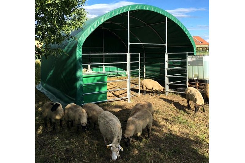 13, 26 32 ft & 40 ft Livestock Corral Shelter – 17oz Green PVC Cover, 6 - Bar Panels & 5' Swing Gate - with 13FT SINGLE TRUSS SOLID COVER WALL | Sold by Uncle Wiener's Wholesale