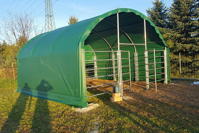 13, 26 32 ft & 40 ft Livestock Corral Shelter – 17oz Green PVC Cover, 6 - Bar Panels & 5' Swing Gate - with 13FT SINGLE TRUSS SOLID COVER WALL | Sold by Uncle Wiener's Wholesale