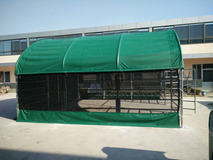 13, 26 & 32 ft Livestock Corral Shelter – 12' Dome Roof, 17oz Green PVC Cover, 6 - Bar Panels & 5' Swing Gate - with 26FT | Sold by Uncle Wiener's Wholesale