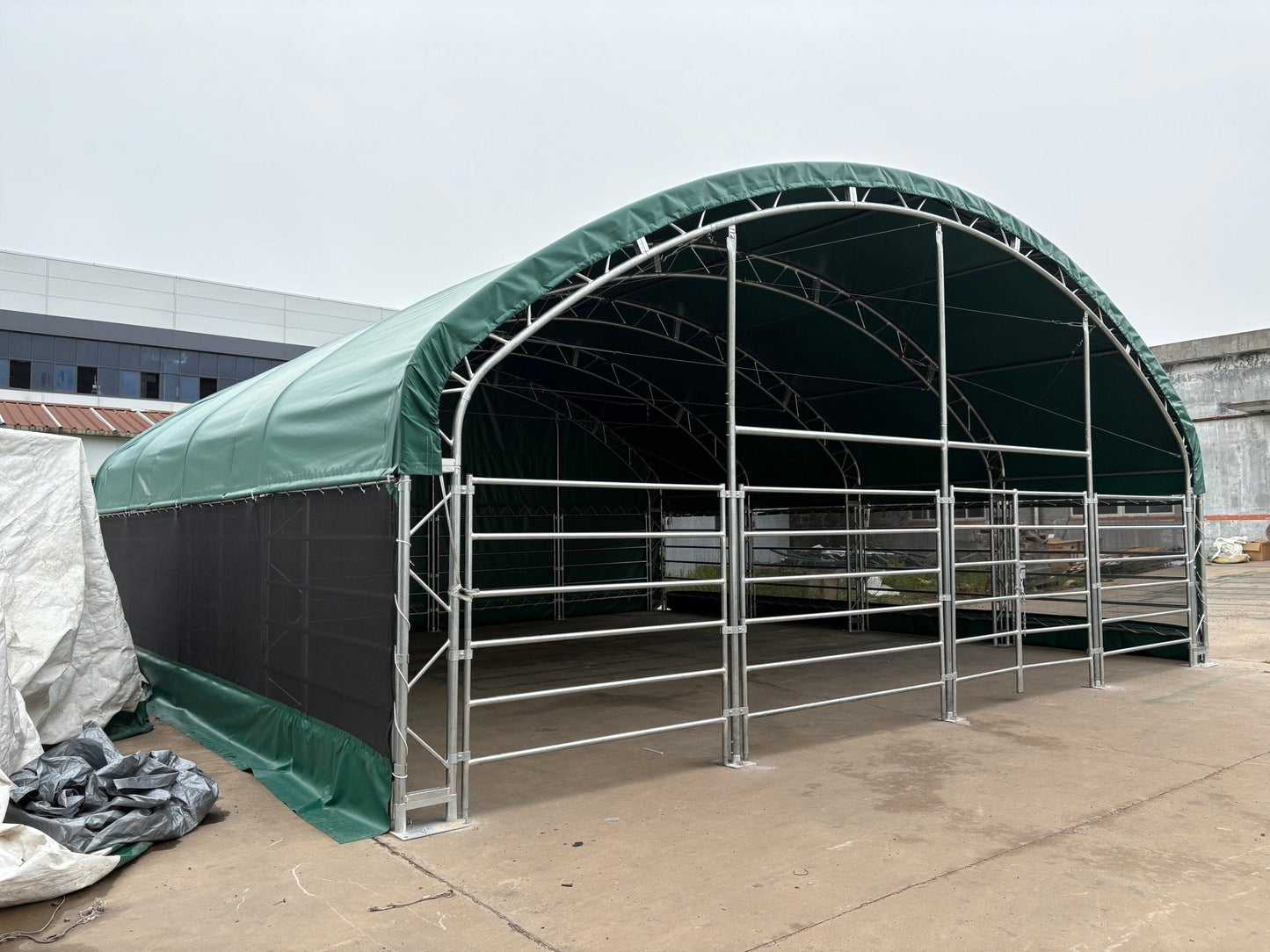 13, 26 & 32 ft Livestock Corral Shelter – 12' Dome Roof, 17oz Green PVC Cover, 6 - Bar Panels & 5' Swing Gate - with 32FT | Sold by Uncle Wiener's Wholesale