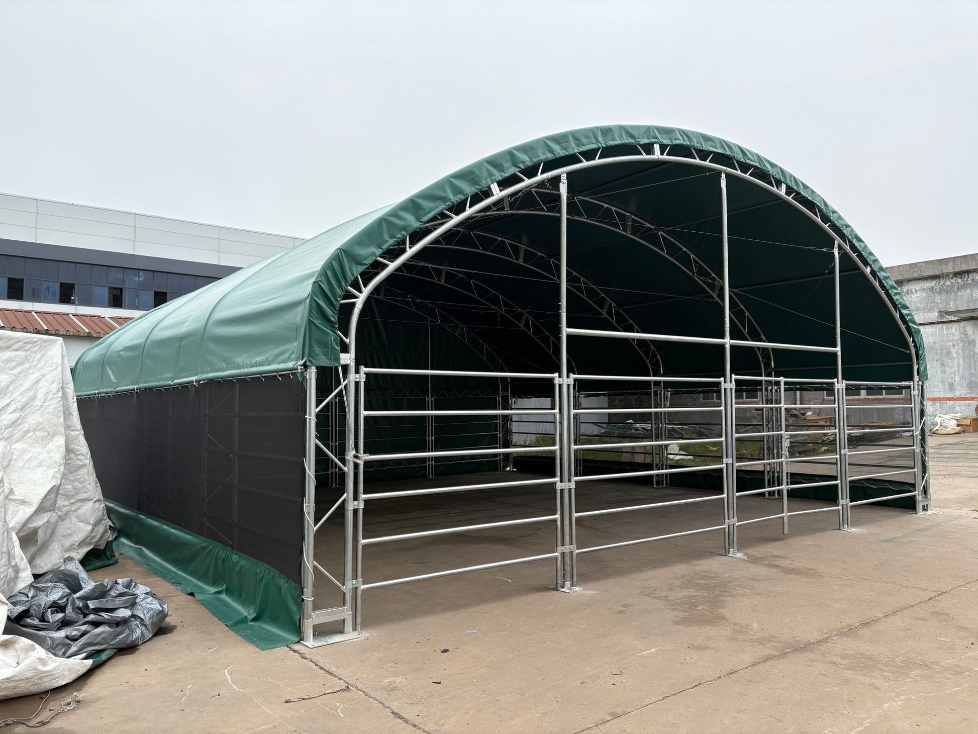 13, 26 & 32 ft Livestock Corral Shelter – 12' Dome Roof, 17oz Green PVC Cover, 6 - Bar Panels & 5' Swing Gate - with 32FT | Sold by Uncle Wiener's Wholesale