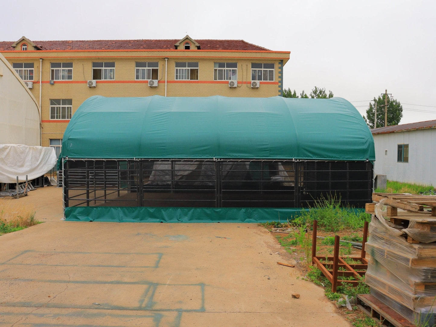 13, 26 & 32 ft Livestock Corral Shelter – 12' Dome Roof, 17oz Green PVC Cover, 6 - Bar Panels & 5' Swing Gate - with 32FT | Sold by Uncle Wiener's Wholesale