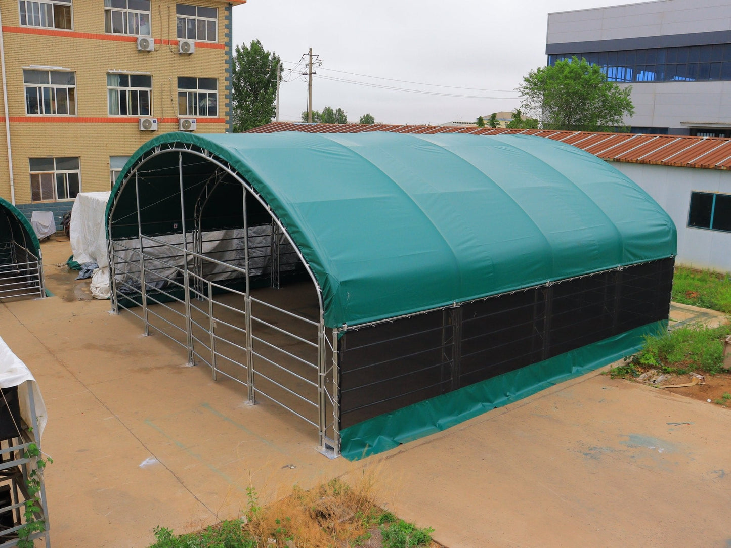 13, 26 & 32 ft Livestock Corral Shelter – 12' Dome Roof, 17oz Green PVC Cover, 6 - Bar Panels & 5' Swing Gate - with 32FT | Sold by Uncle Wiener's Wholesale