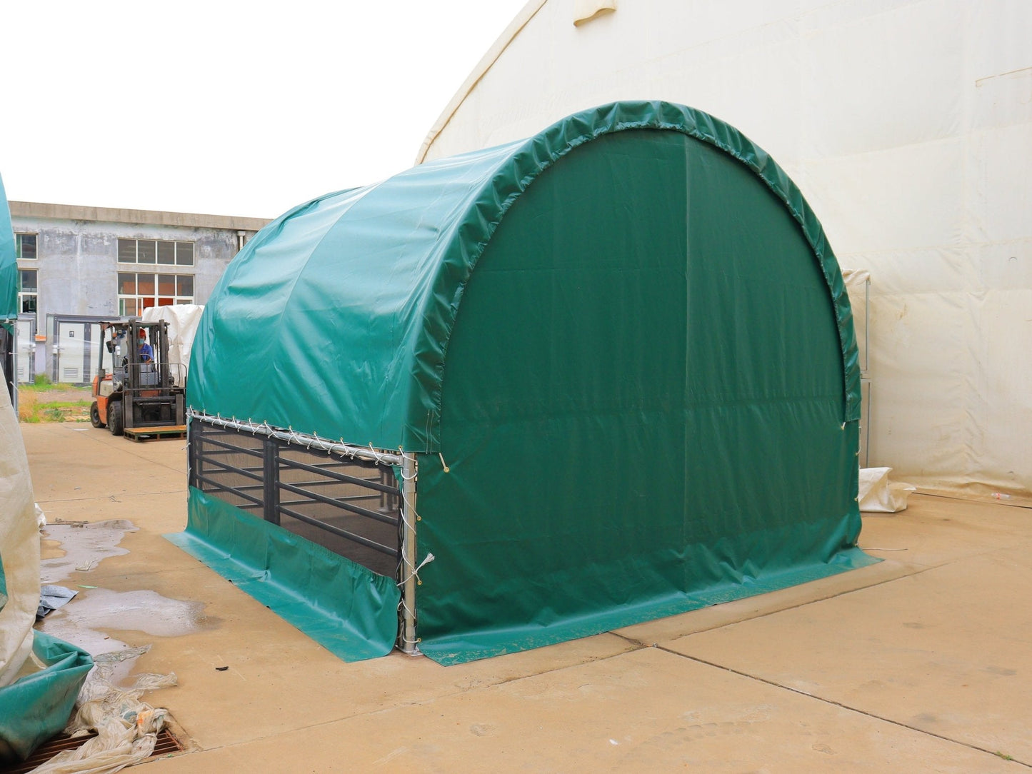 13, 26 & 32 ft Livestock Corral Shelter – 12' Dome Roof, 17oz Green PVC Cover, 6 - Bar Panels & 5' Swing Gate - with 13FT | Sold by Uncle Wiener's Wholesale