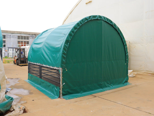 13, 26 & 32 ft Livestock Corral Shelter – 12' Dome Roof, 17oz Green PVC Cover, 6 - Bar Panels & 5' Swing Gate - with 13FT | Sold by Uncle Wiener's Wholesale