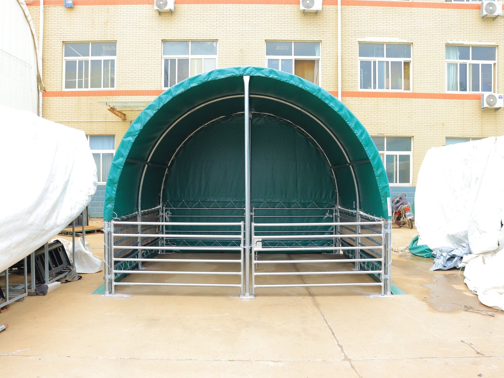 13, 26 & 32 ft Livestock Corral Shelter – 12' Dome Roof, 17oz Green PVC Cover, 6 - Bar Panels & 5' Swing Gate - with 13FT | Sold by Uncle Wiener's Wholesale