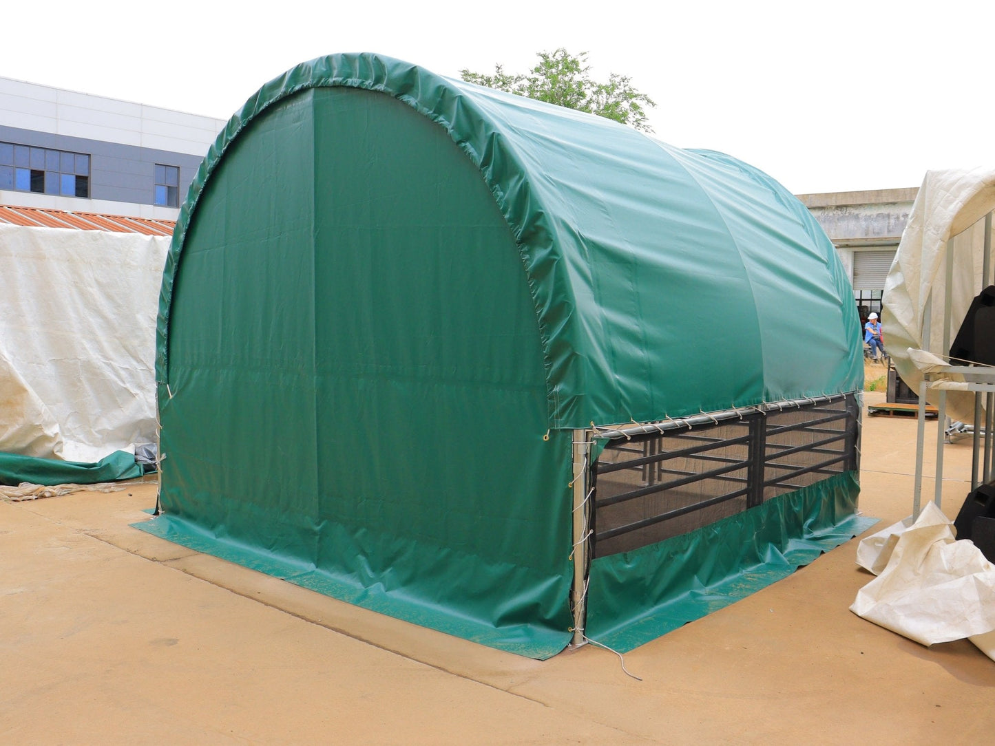 13, 26 & 32 ft Livestock Corral Shelter – 12' Dome Roof, 17oz Green PVC Cover, 6 - Bar Panels & 5' Swing Gate - with 13FT | Sold by Uncle Wiener's Wholesale