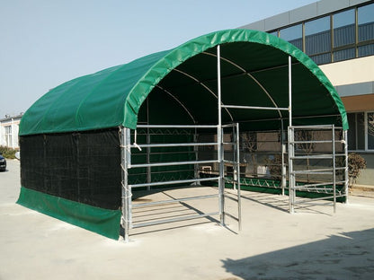 13, 26 & 32 ft Livestock Corral Shelter – 12' Dome Roof, 17oz Green PVC Cover, 6 - Bar Panels & 5' Swing Gate - with 19FT | Sold by Uncle Wiener's Wholesale