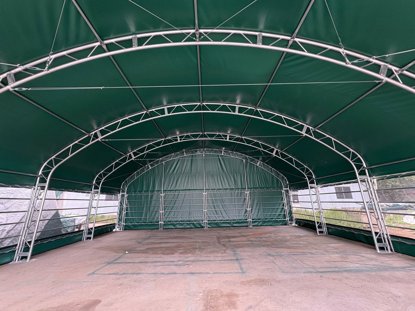 13, 26 & 32 ft Livestock Corral Shelter – 12' Dome Roof, 17oz Green PVC Cover, 6 - Bar Panels & 5' Swing Gate - with 32FT | Sold by Uncle Wiener's Wholesale