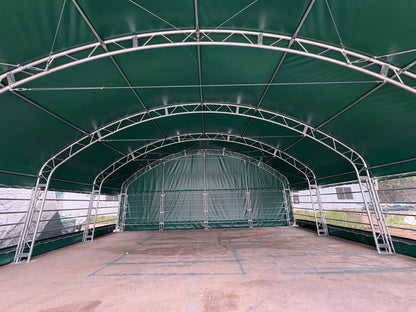 13, 26 & 32 ft Livestock Corral Shelter – 12' Dome Roof, 17oz Green PVC Cover, 6 - Bar Panels & 5' Swing Gate - with 32FT | Sold by Uncle Wiener's Wholesale