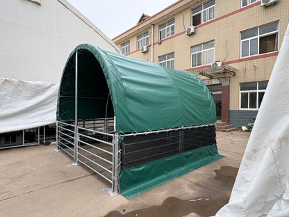 13, 26 & 32 ft Livestock Corral Shelter – 12' Dome Roof, 17oz Green PVC Cover, 6 - Bar Panels & 5' Swing Gate - with 32FT | Sold by Uncle Wiener's Wholesale
