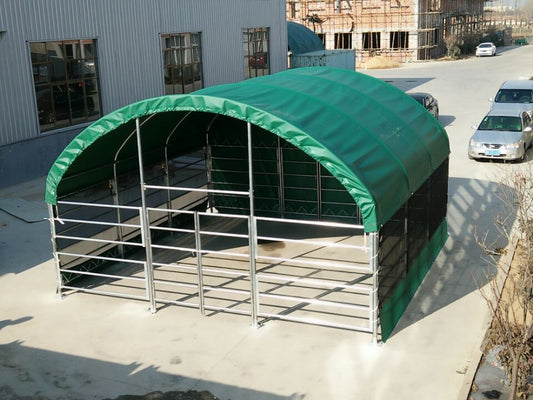 13, 26 & 32 ft Livestock Corral Shelter – 12' Dome Roof, 17oz Green PVC Cover, 6 - Bar Panels & 5' Swing Gate - with 26FT | Sold by Uncle Wiener's Wholesale