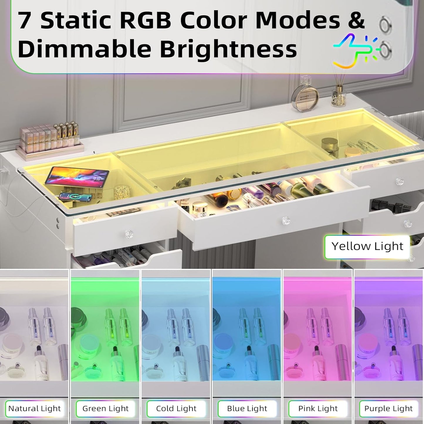 13 - Drawer Vanity Desk with RGB Lights, LED Mirror, USB/Type - C Charging – White Glass Top Makeup Table for Bedroom DT057W - with | Sold by Uncle Wiener's Wholesale