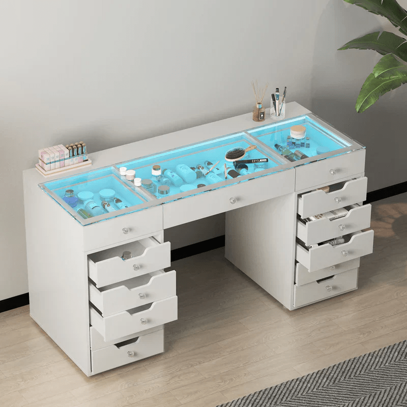 13 - Drawer Vanity Desk with RGB Lights, LED Mirror, USB/Type - C Charging – White Glass Top Makeup Table for Bedroom DT057W - with | Sold by Uncle Wiener's Wholesale