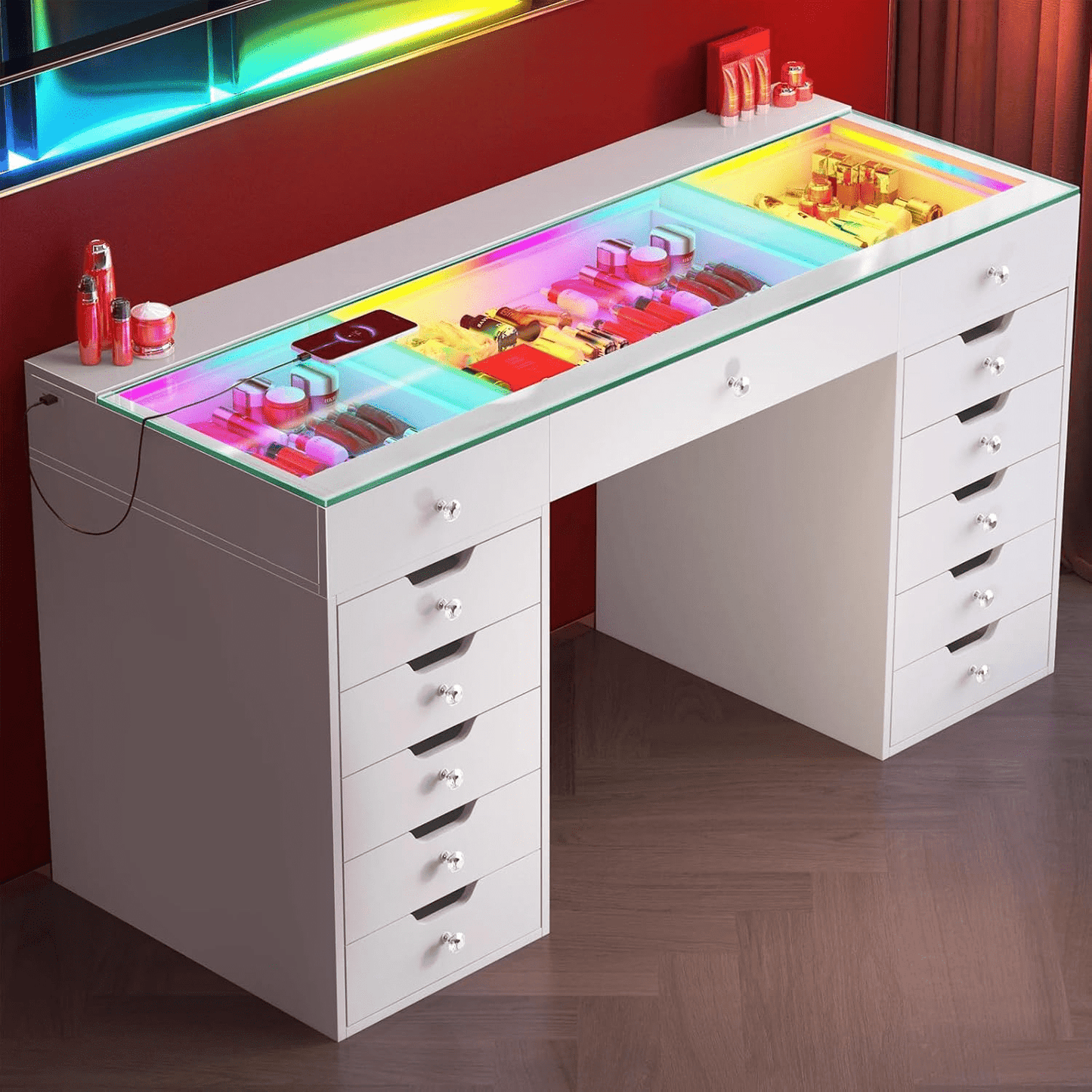 13 - Drawer Vanity Desk with RGB Lights, LED Mirror, USB/Type - C Charging – White Glass Top Makeup Table for Bedroom DT057W - with | Sold by Uncle Wiener's Wholesale