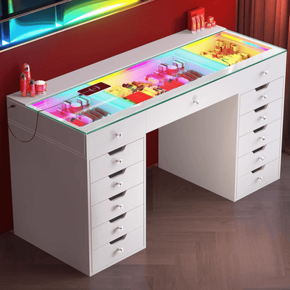 13 - Drawer Vanity Desk with RGB Lights, LED Mirror, USB/Type - C Charging – White Glass Top Makeup Table for Bedroom DT057W - with | Sold by Uncle Wiener's Wholesale