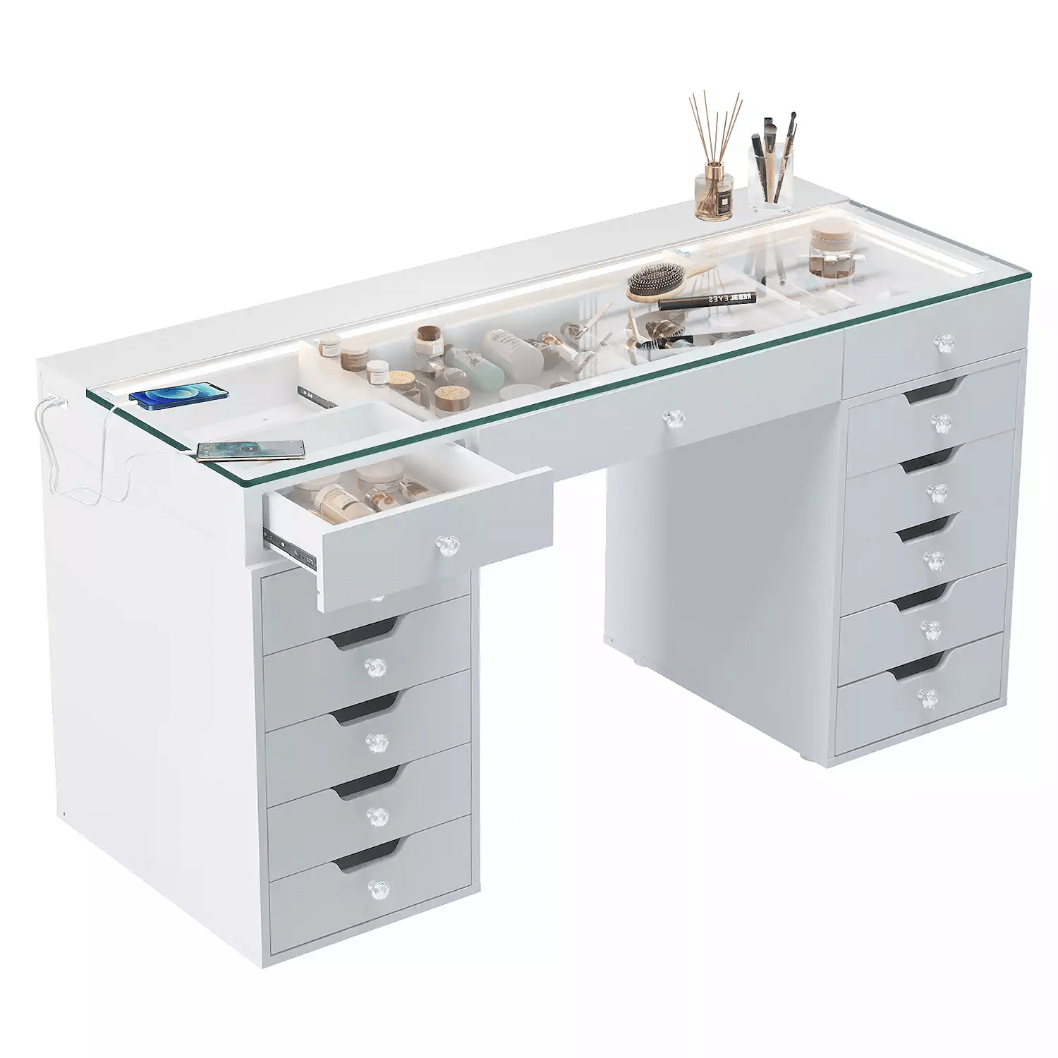 13 - Drawer Vanity Desk with RGB Lights, LED Mirror, USB/Type - C Charging – White Glass Top Makeup Table for Bedroom DT057W - with | Sold by Uncle Wiener's Wholesale