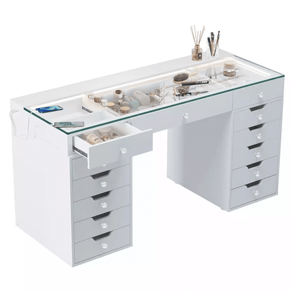 13 - Drawer Vanity Desk with RGB Lights, LED Mirror, USB/Type - C Charging – White Glass Top Makeup Table for Bedroom DT057W - with | Sold by Uncle Wiener's Wholesale