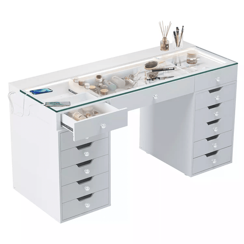 13 - Drawer Vanity Desk with RGB Lights, LED Mirror, USB/Type - C Charging – White Glass Top Makeup Table for Bedroom DT057W - with | Sold by Uncle Wiener's Wholesale