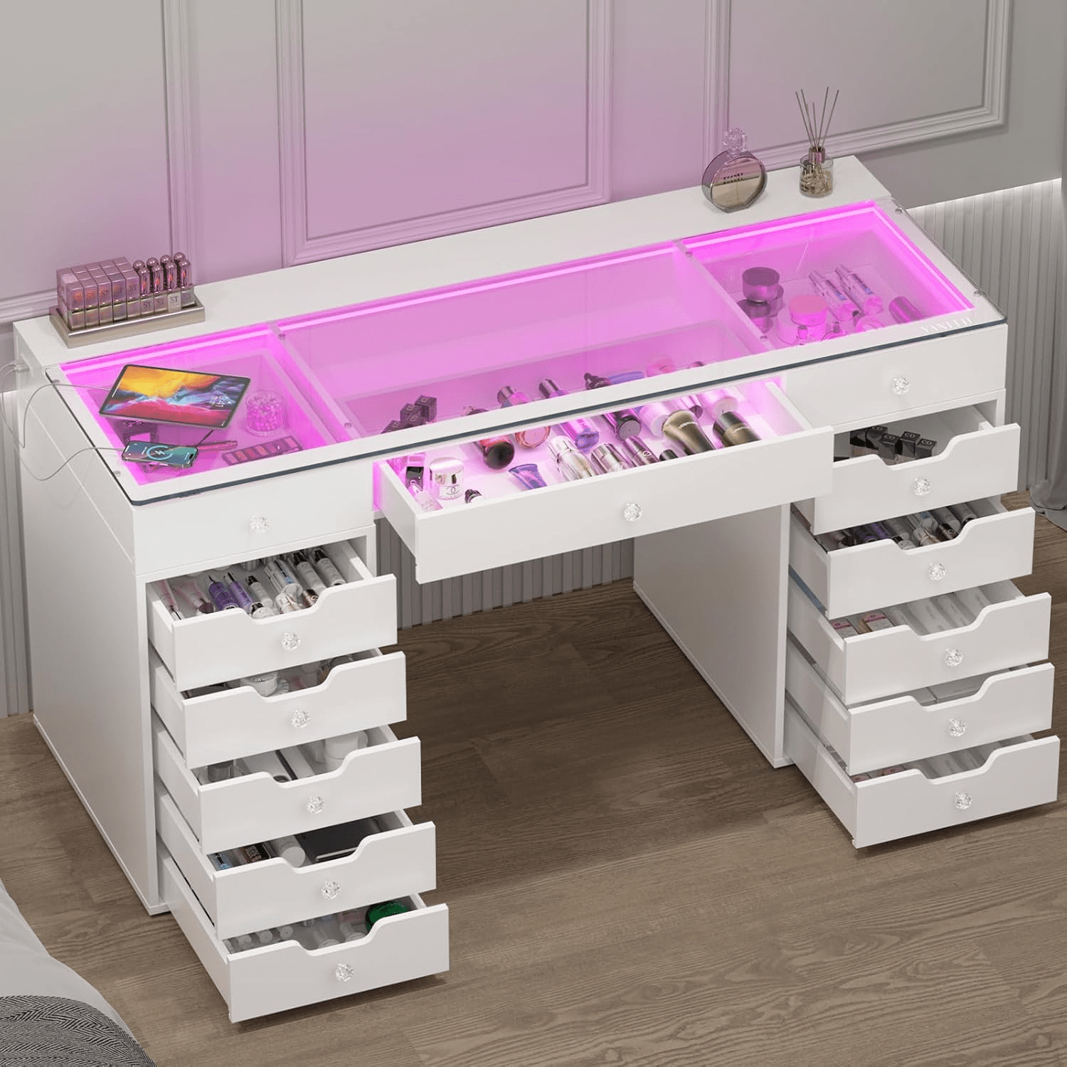13 - Drawer Vanity Desk with RGB Lights, LED Mirror, USB/Type - C Charging – White Glass Top Makeup Table for Bedroom DT057W - with | Sold by Uncle Wiener's Wholesale