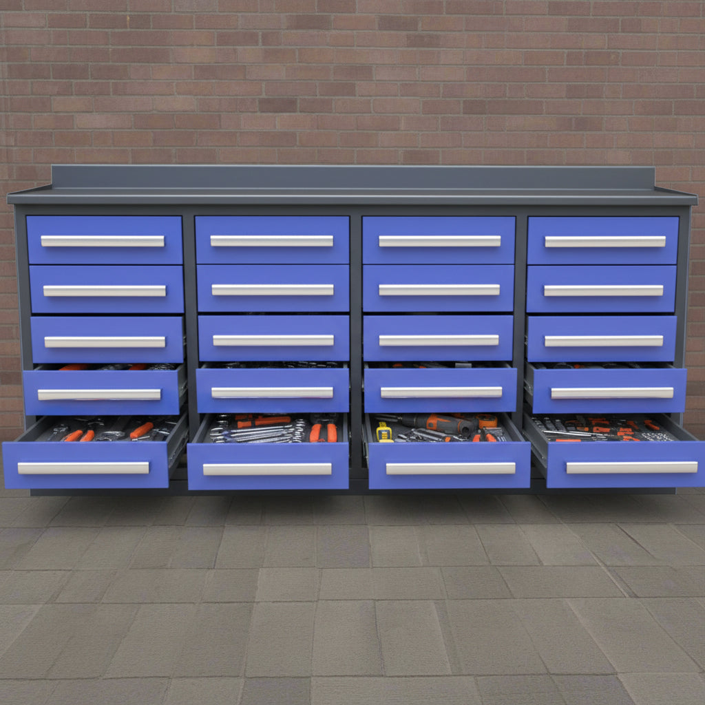 Red 7FT tool bench with drawers – front view

Blue tool chest storage drawers – side view

Stainless steel workbench close-up

Organized industrial tool station

Drawer slides and top workspace detail