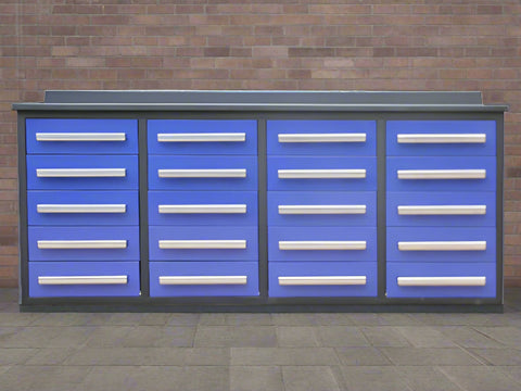 Red 7FT tool bench with drawers – front view

Blue tool chest storage drawers – side view

Stainless steel workbench close-up

Organized industrial tool station

Drawer slides and top workspace detail