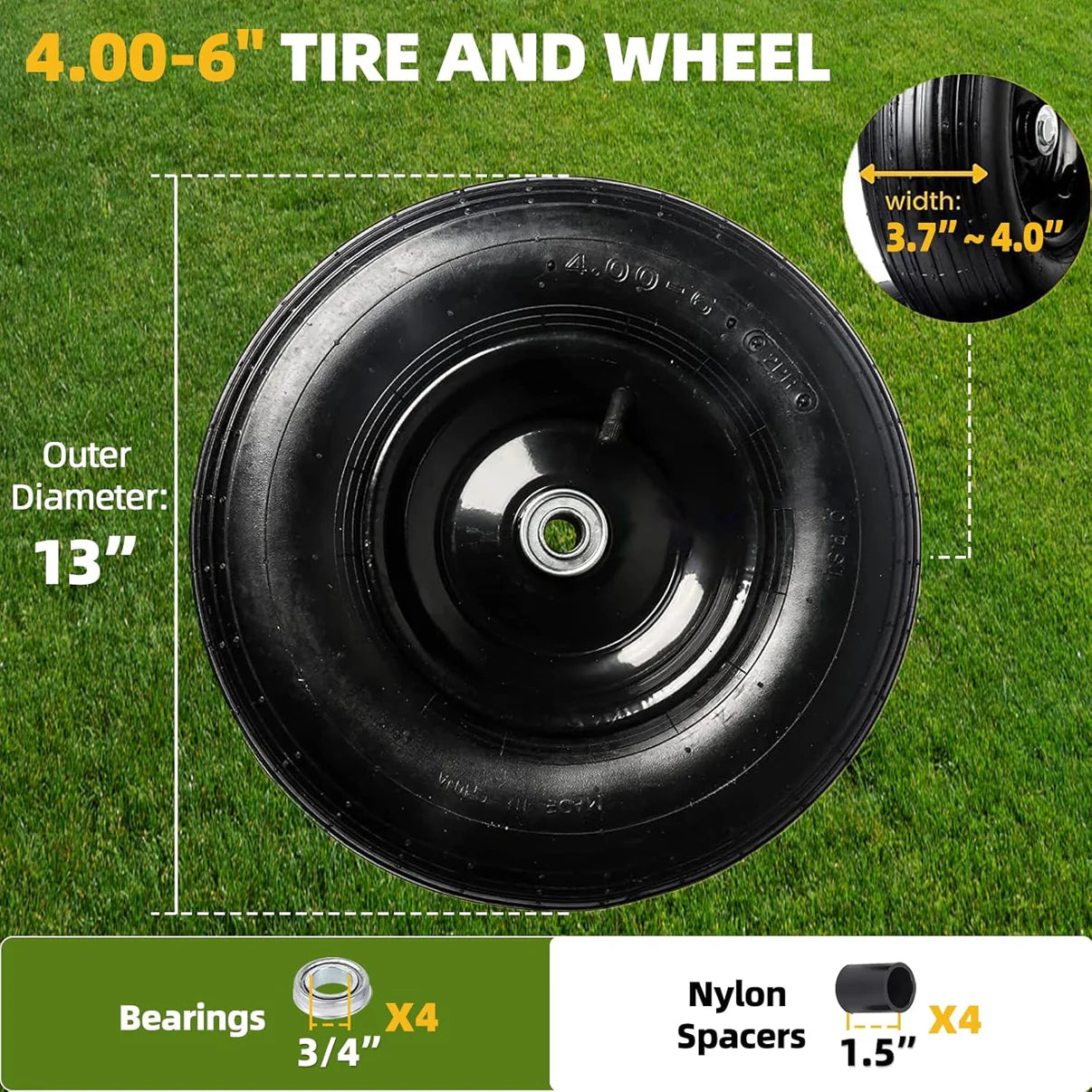Pneumatic Tire & Wheel Assembly 2-Pack Replacement Wheels 2.80/2.50-4, 13x4.00-6 & 4.80/4.00-8 for Hand Trucks, Wheelbarrows, Carts, Dollies & Garden Trailers