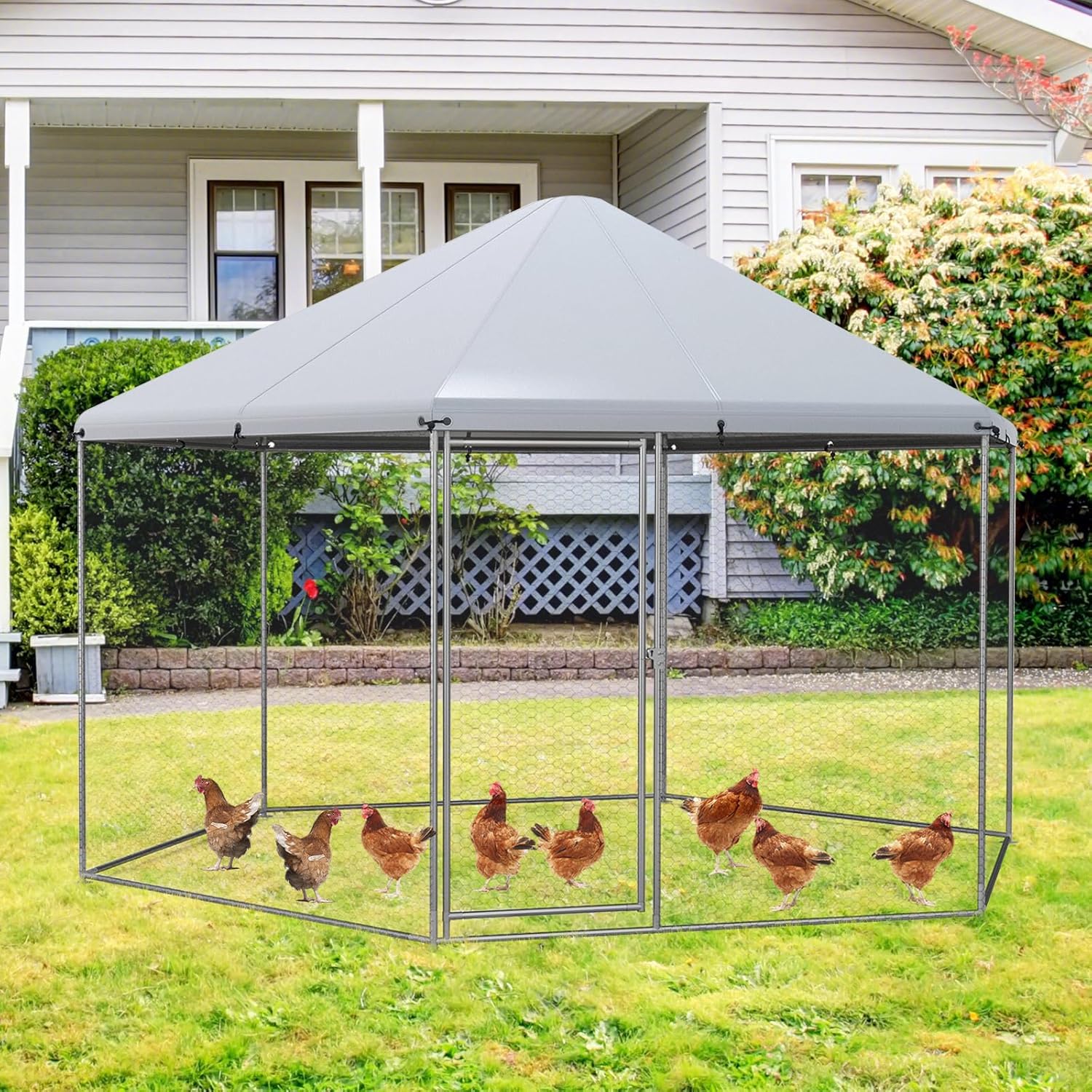 13ft Hexagon Walk - in Chicken Run with Roof Cover – Heavy Duty Outdoor Poultry Cage – 150631 - with | Sold by Uncle Wiener's Wholesale