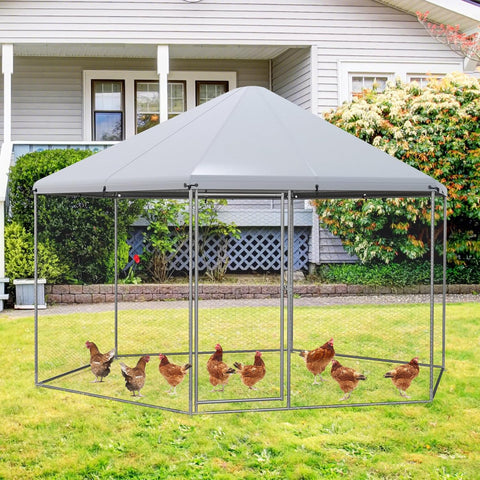 13ft Hexagon Walk - in Chicken Run with Roof Cover – Heavy Duty Outdoor Poultry Cage – 150631 - with | Sold by Uncle Wiener's Wholesale