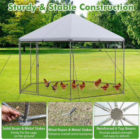 13ft Hexagon Walk - in Chicken Run with Roof Cover – Heavy Duty Outdoor Poultry Cage – 150631 - with | Sold by Uncle Wiener's Wholesale