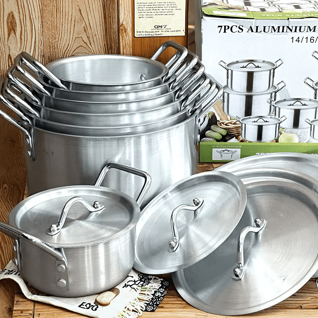 14-Piece Aluminum Cookware Set with Lids Stainless Steel Handles TKQQ46 - with | Sold by Uncle Wiener's Wholesale