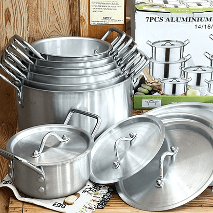 14-Piece Aluminum Cookware Set with Lids Stainless Steel Handles TKQQ46 - with | Sold by Uncle Wiener's Wholesale