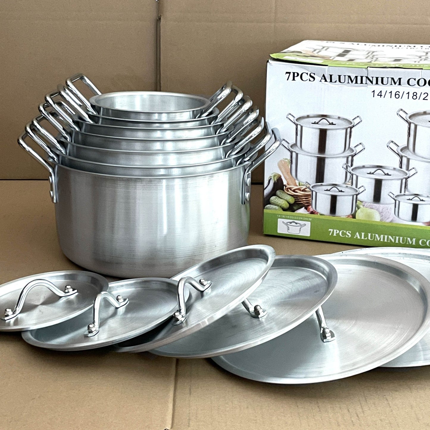 14-Piece Aluminum Cookware Set with Lids Stainless Steel Handles TKQQ46 - with | Sold by Uncle Wiener's Wholesale