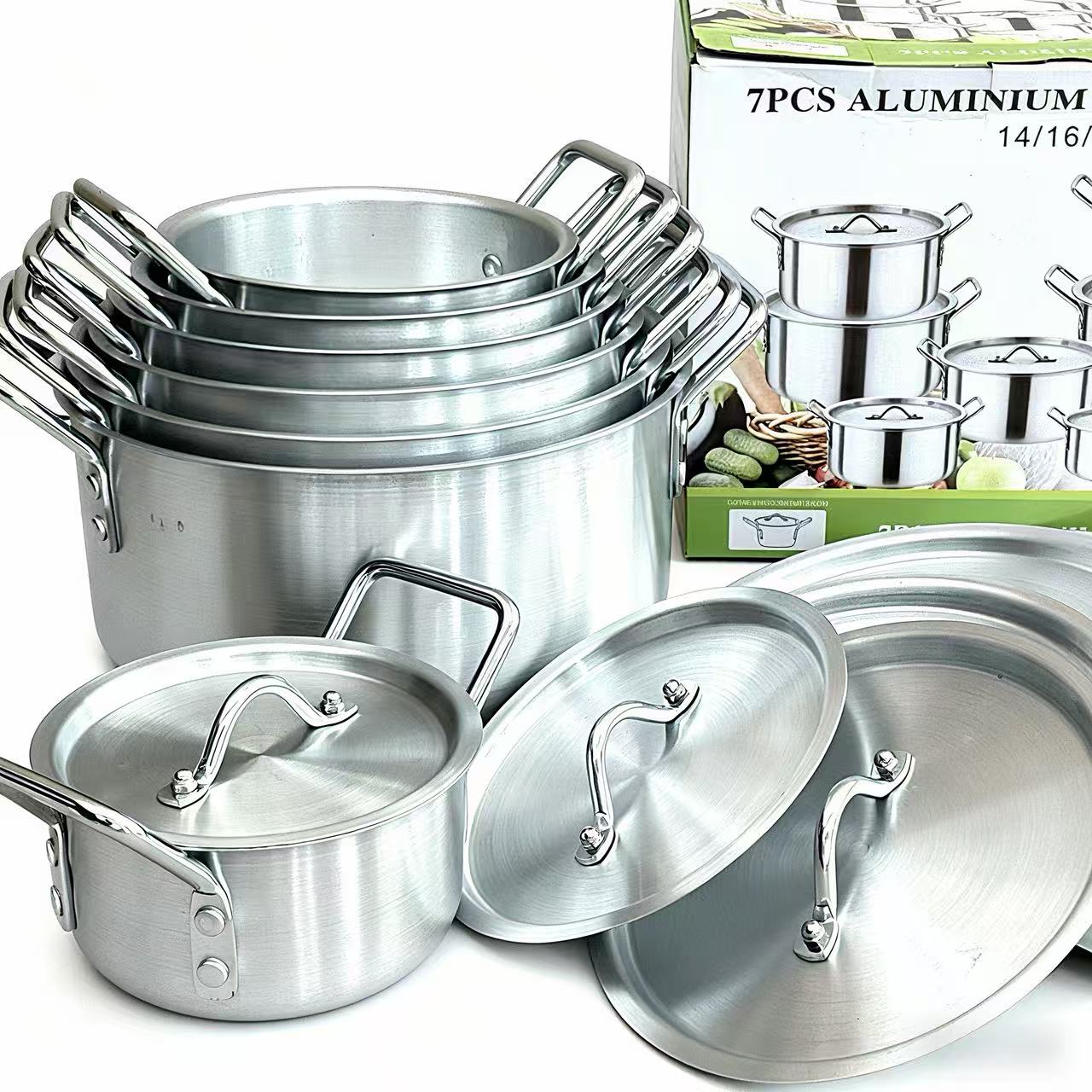 14-Piece Aluminum Cookware Set with Lids Stainless Steel Handles TKQQ46 - with | Sold by Uncle Wiener's Wholesale