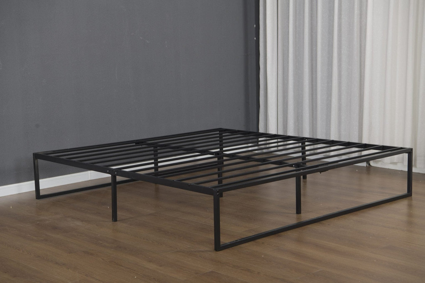 Side angle of 14 inch tall platform bed with 12 inch clearance for storage