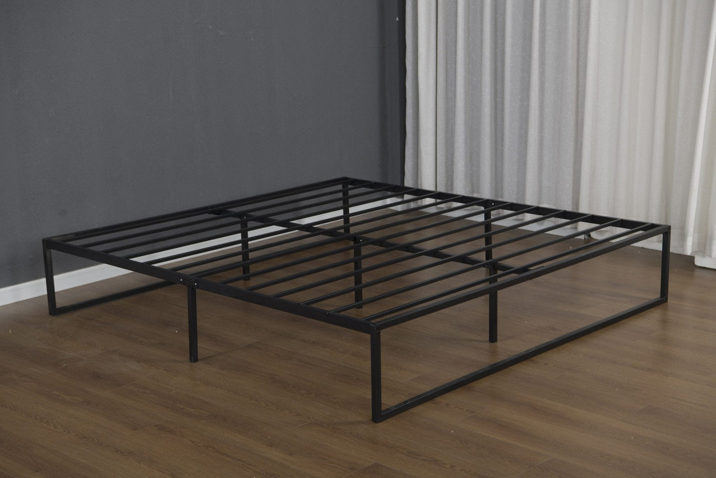 14 inch black steel platform bed frame with open underbed space