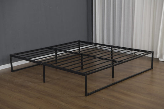14 inch black steel platform bed frame with open underbed space