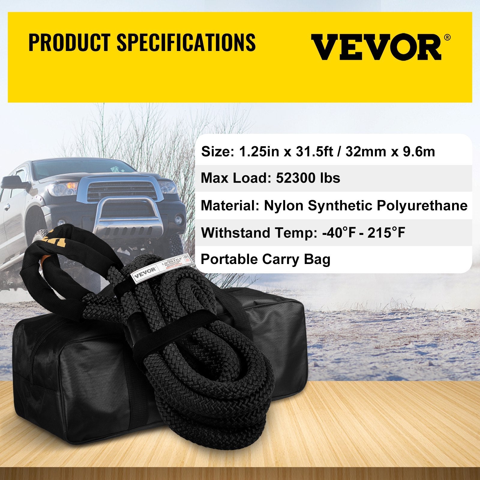 1.4" x 31.5' Heavy Duty Double Recovery Rope – 52,300 lbs Kinetic Tow Rope 523467 - with | Sold by Uncle Wiener's Wholesale