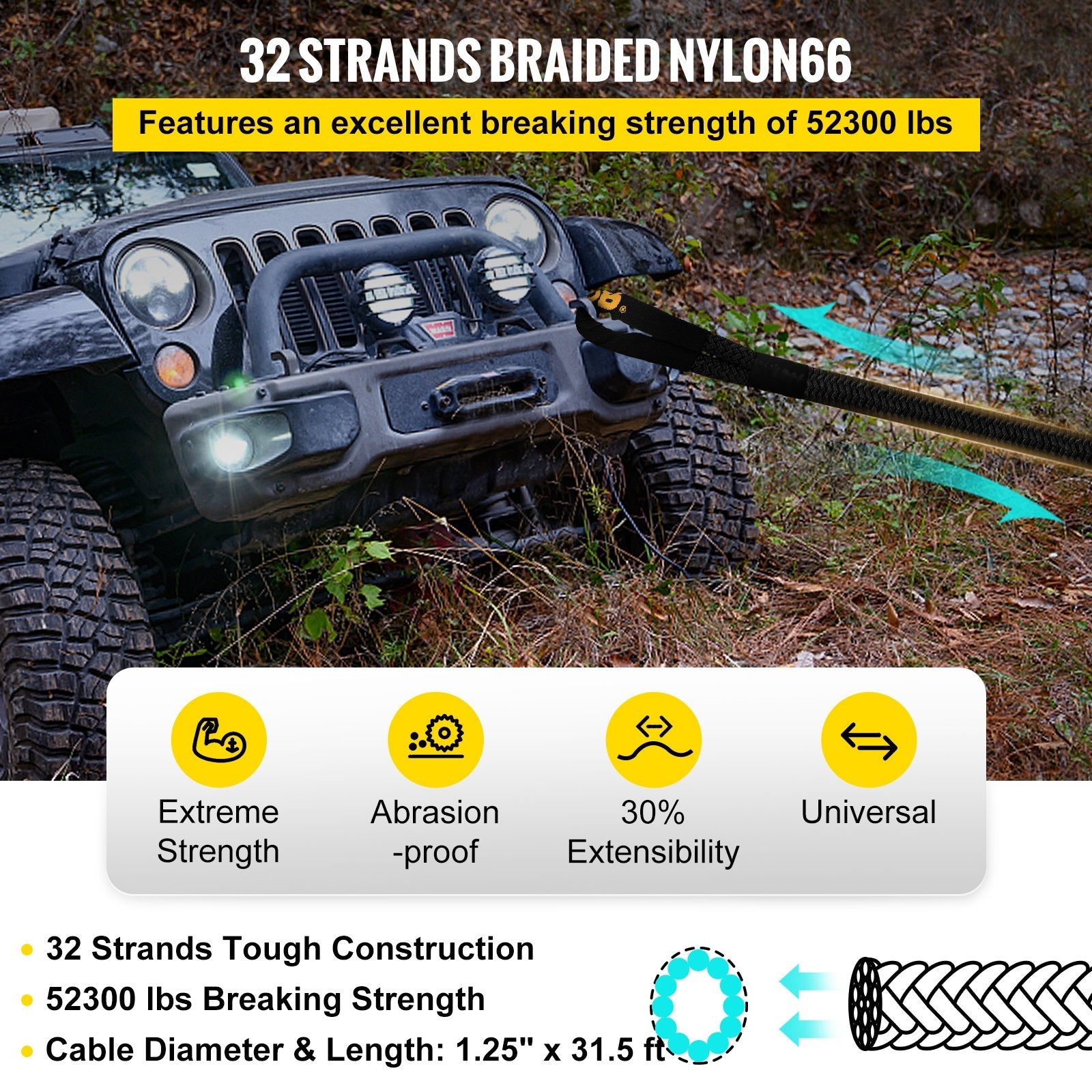 1.4" x 31.5' Heavy Duty Double Recovery Rope – 52,300 lbs Kinetic Tow Rope 523467 - with | Sold by Uncle Wiener's Wholesale