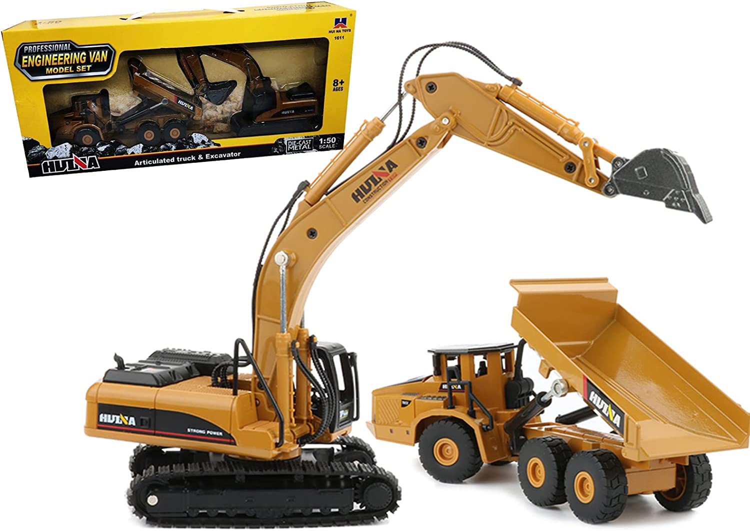 1:50 Diecast Construction Vehicle Toys Forklift Backhoe Bulldozer Crane Excavator Loader - with 1:50 Construction Dump Truck & Excavator | Sold by Uncle Wiener's Wholesale