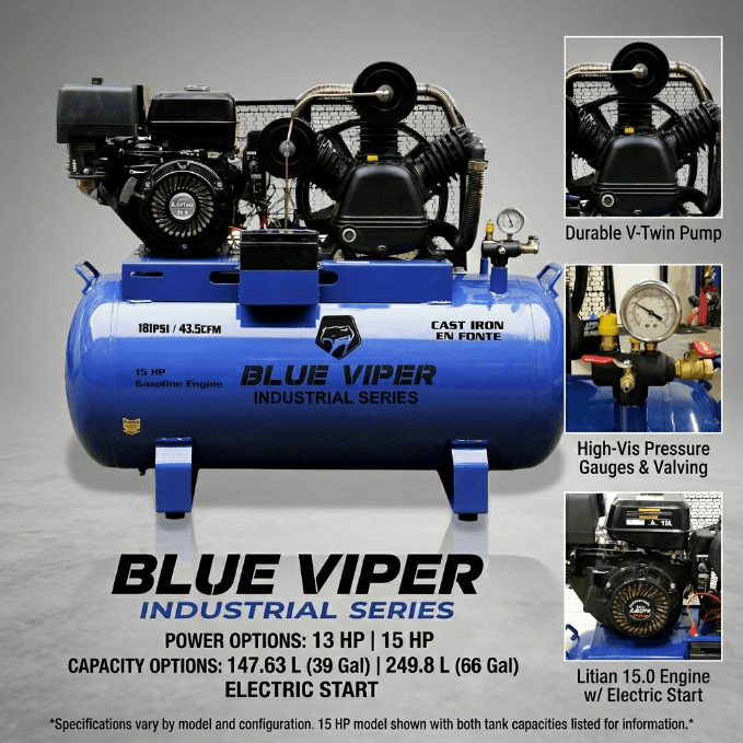 15HP & 13 HP Gas Air Compressor with Electric Start – 66 & 39 Gallon Tank Options | Heavy - Duty Portable Unit - Furniture with 39 Gal / 147.63L – Electric Start + Clutch (Model 4013H) | Sold by Uncle Wiener's Wholesale
